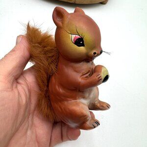 Enesco Ceramic Squirrel with Furry Bushy Tail Kitschy Japan Acorn vintage decor